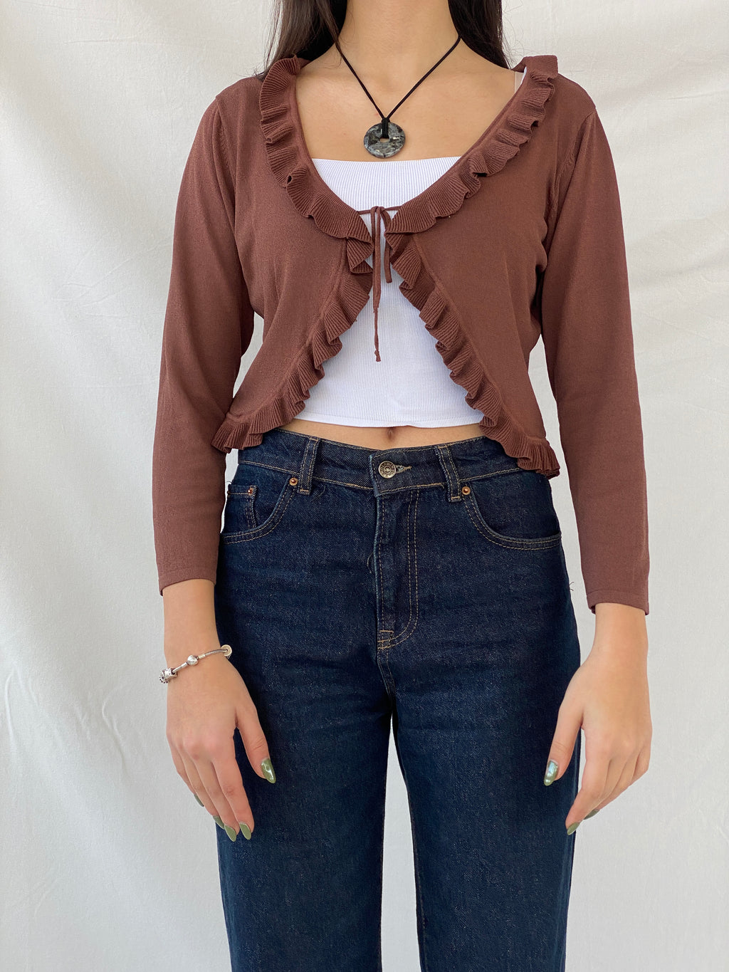 00s Jacqueline Riu Brown Ruffled Trim Tie Front Cropped Cardigan - L