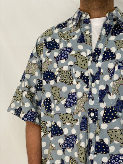 Vintage Guess Abstract Polka Dot Fish Print Blue Cotton Shirt – XL