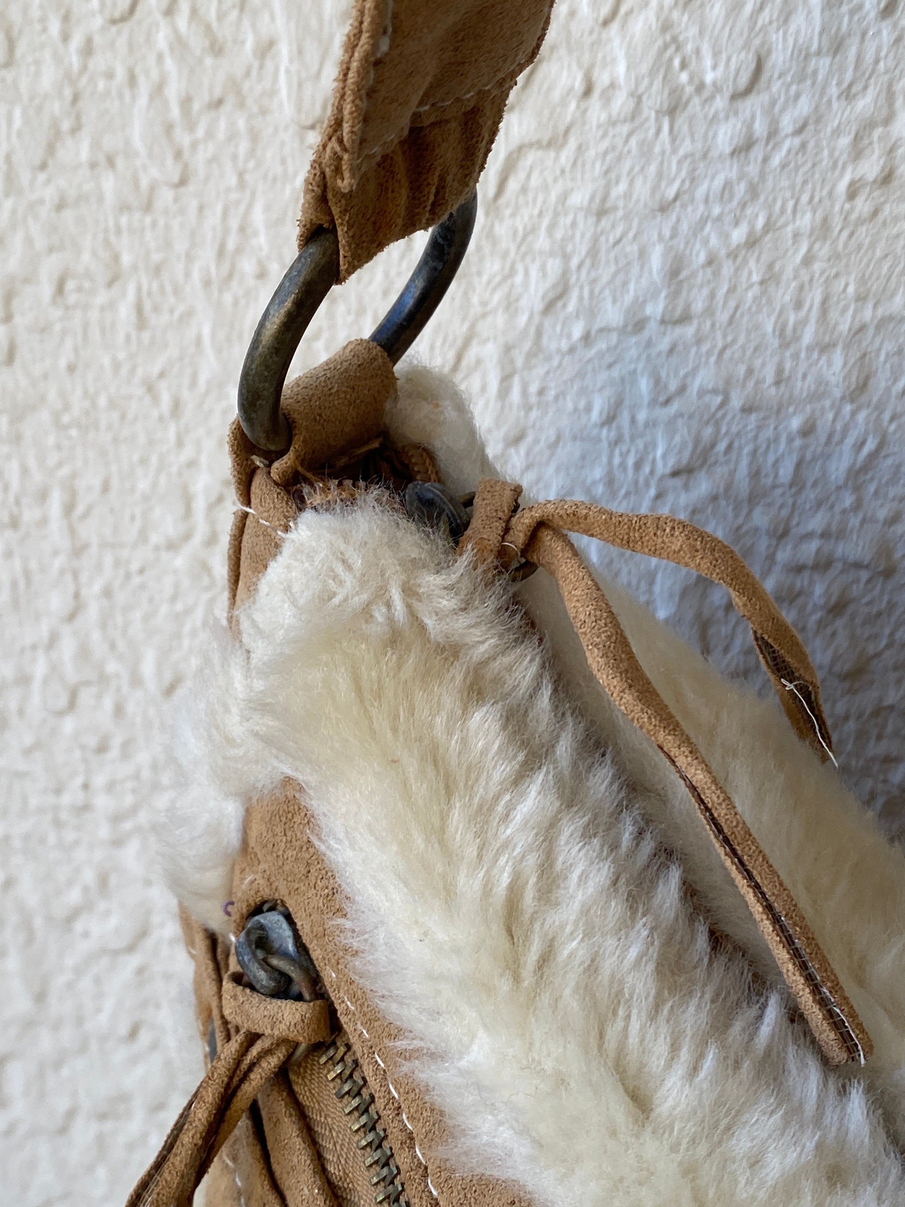 Y2K Shearling Brown Shoulder Bag with Fuzzy Trim & Stud Details Purse