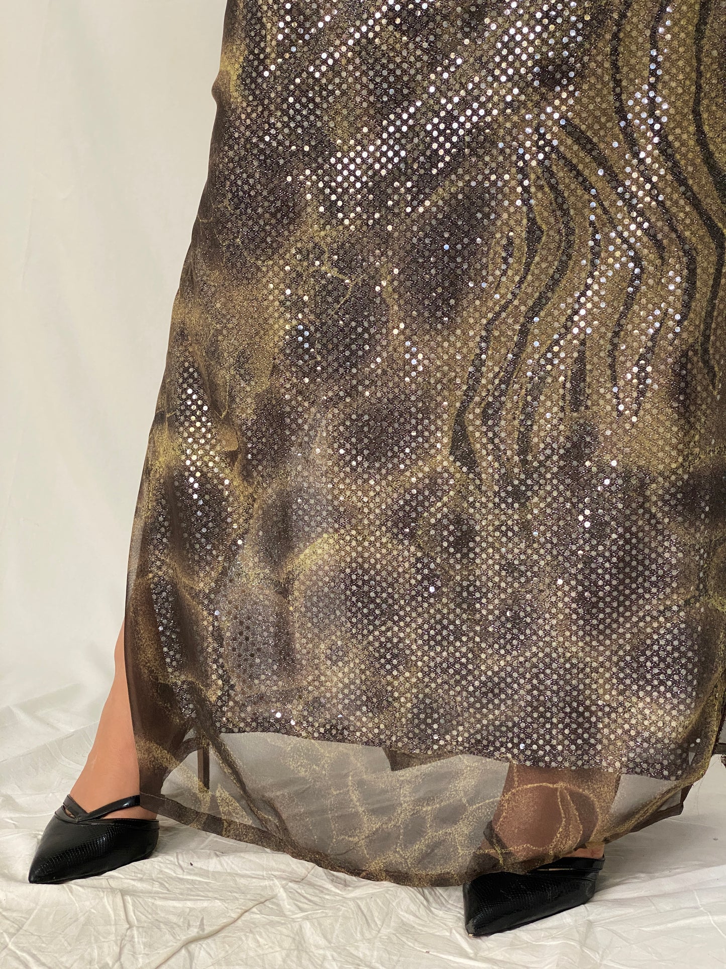 Vintage Betsy & Adam Metallic Animal Print Maxi Gown Sequin Mesh Overlay 90s Y2K Evening Dress - L