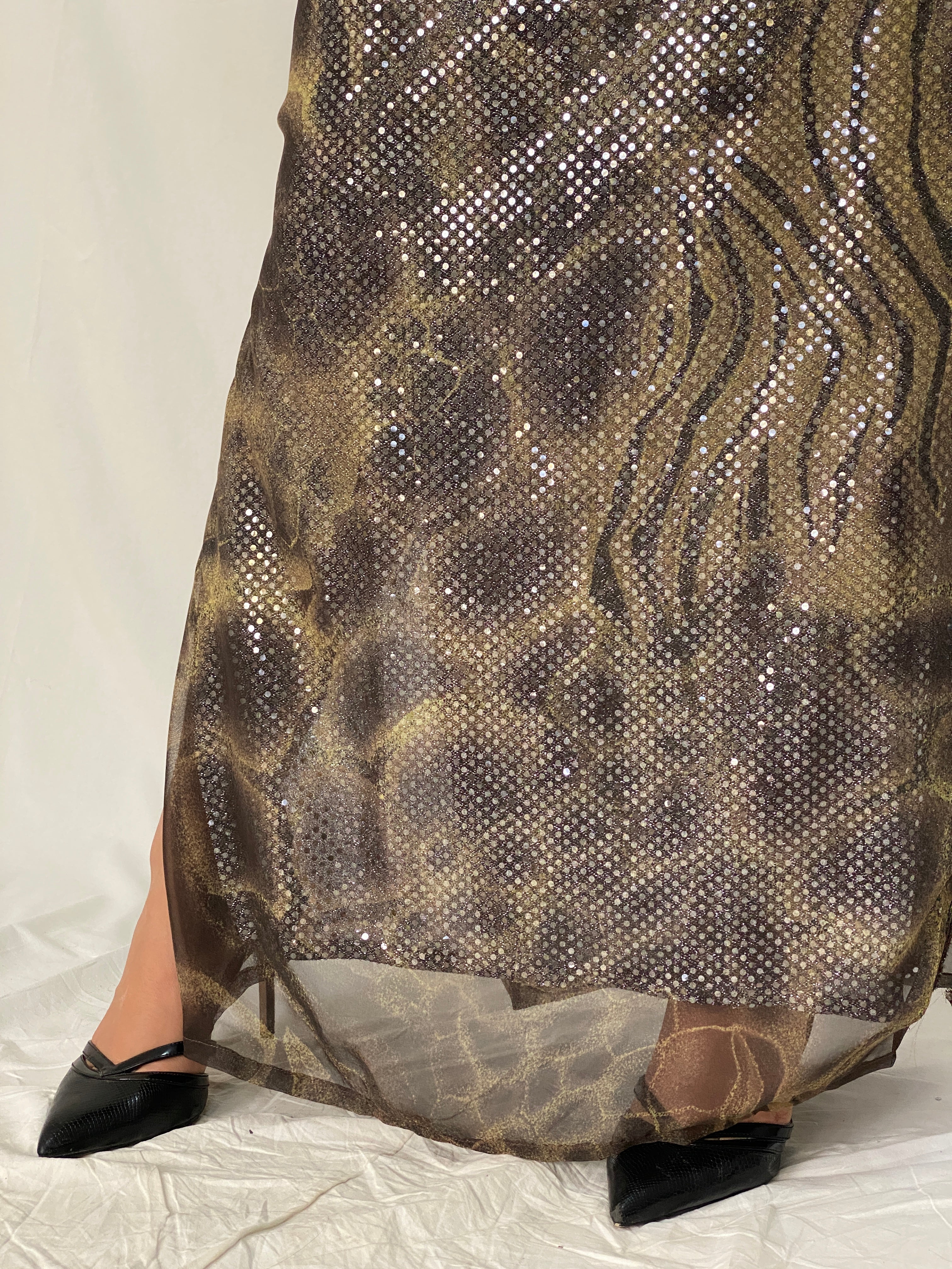 Vintage Betsy & Adam Metallic Animal Print Maxi Gown Sequin Mesh Overlay 90s Y2K Evening Dress - L