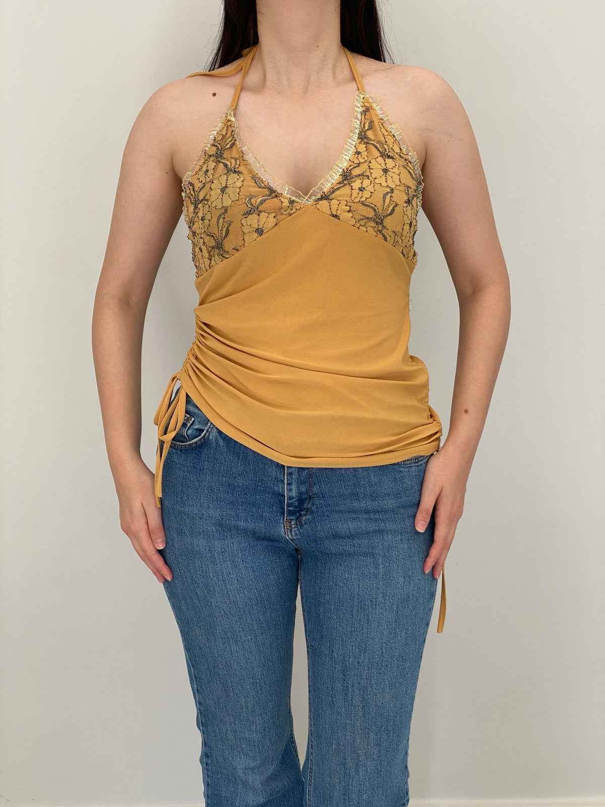 Y2K Vogue by Lemoncola Mustard Lace Ruched Halter Top – XL