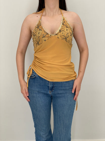Y2K Vogue by Lemoncola Mustard Lace Ruched Halter Top – XL