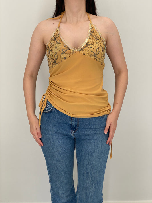 Y2K Vogue by Lemoncola Mustard Lace Ruched Halter Top – XL