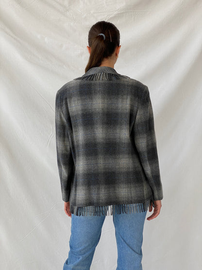 Beautiful ESCADA Sport Gray Wool Plaid Fringed Hem Blazer - XL