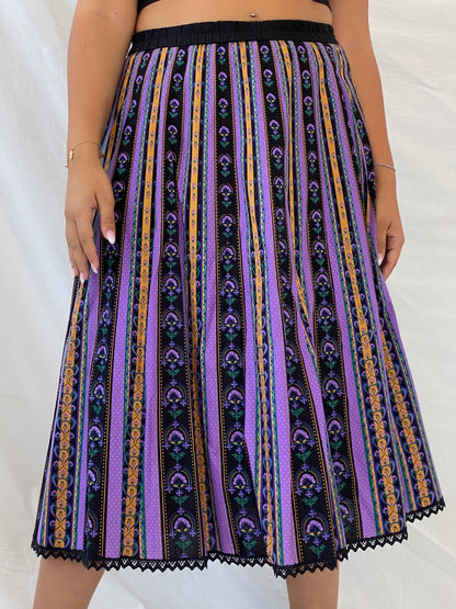 Vintage Angelika Moden Striped German-Folk Black and Purple Midi Cotton Skirt - L