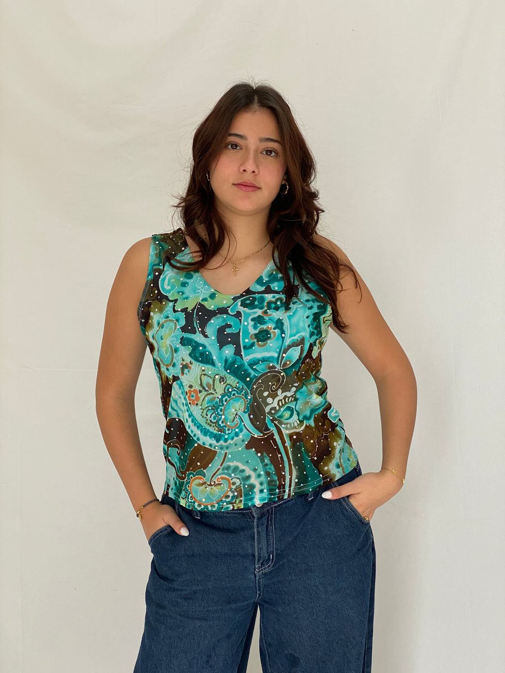 Y2K Abstract Turquoise Mesh Tank French Rhinestone Top – XL