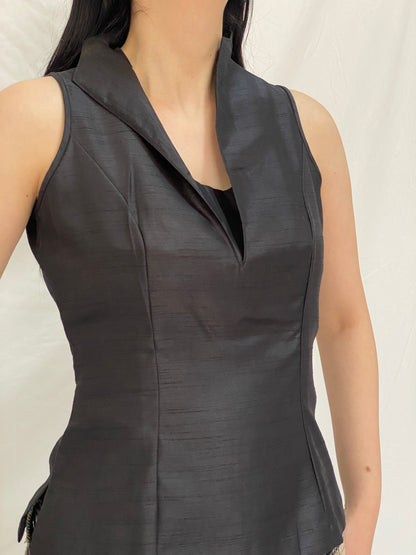 Vintage Handmade Black Satin Structured Sleeveless Tailored Top - S