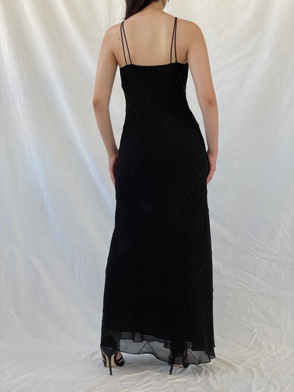 Vintage Jones New York Black Beaded Evening Gown 90s Formal Slip Dress - M