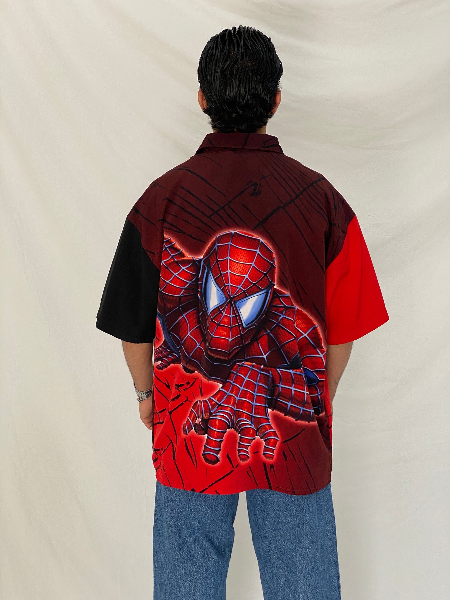 Vintage Y2K Spider-Man Graphic Button Up Red & Black Comic Shirt – L