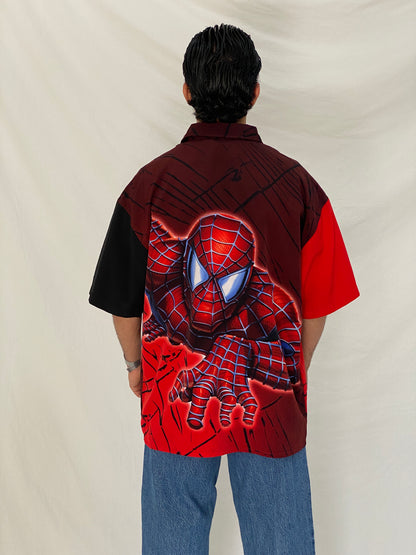 Vintage Y2K Spider-Man Graphic Button Up Red & Black Comic Shirt – L
