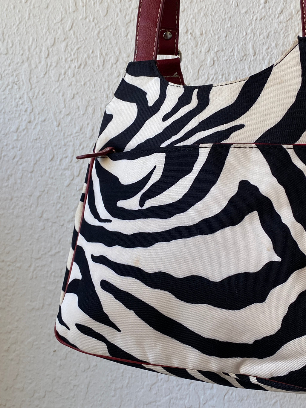 Vintage Y2K Zebra Print Black White Shoulder Bag Canvas with Faux Leather Red Detailing Purse