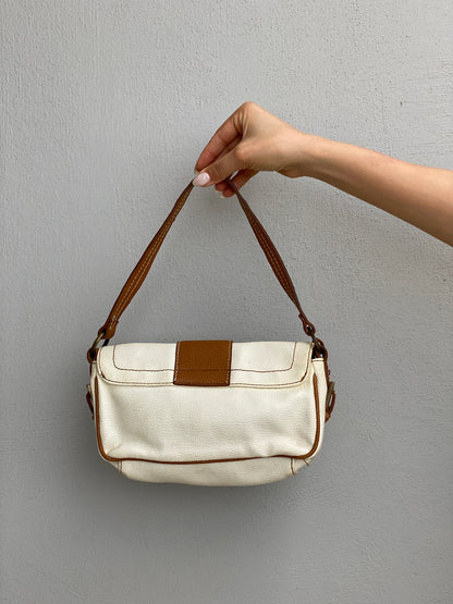 Vintage Y2K Mango Cream & Tan Leather Shoulder Bag Contrast Stitch Flap Mini Bag