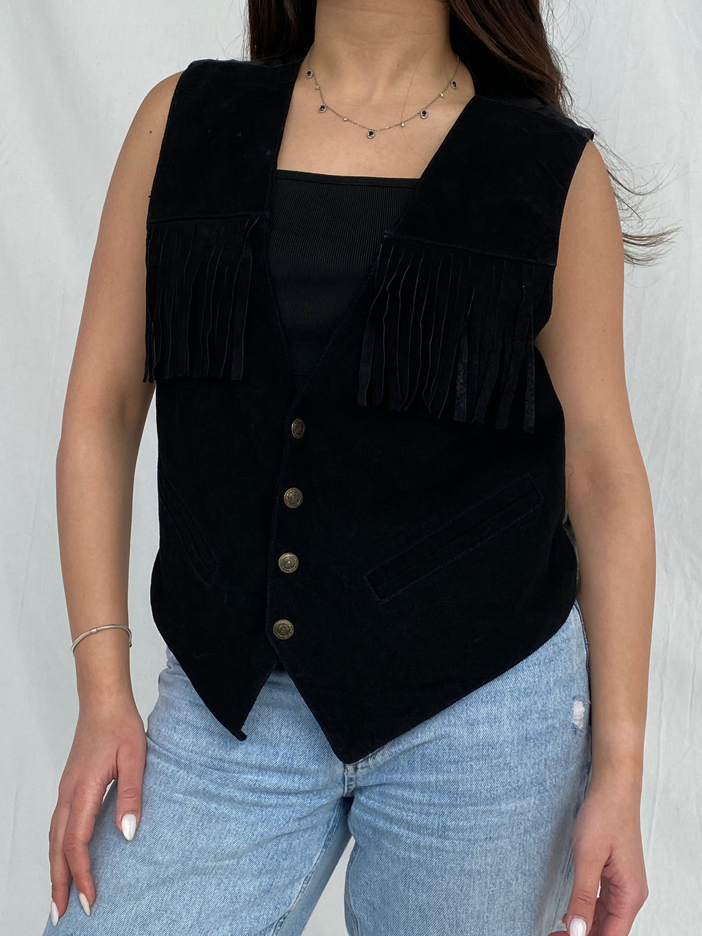 Vintage Copy Richt Concept Cowgirl Black Suede Fringed Women’s Boho Western Vest - M