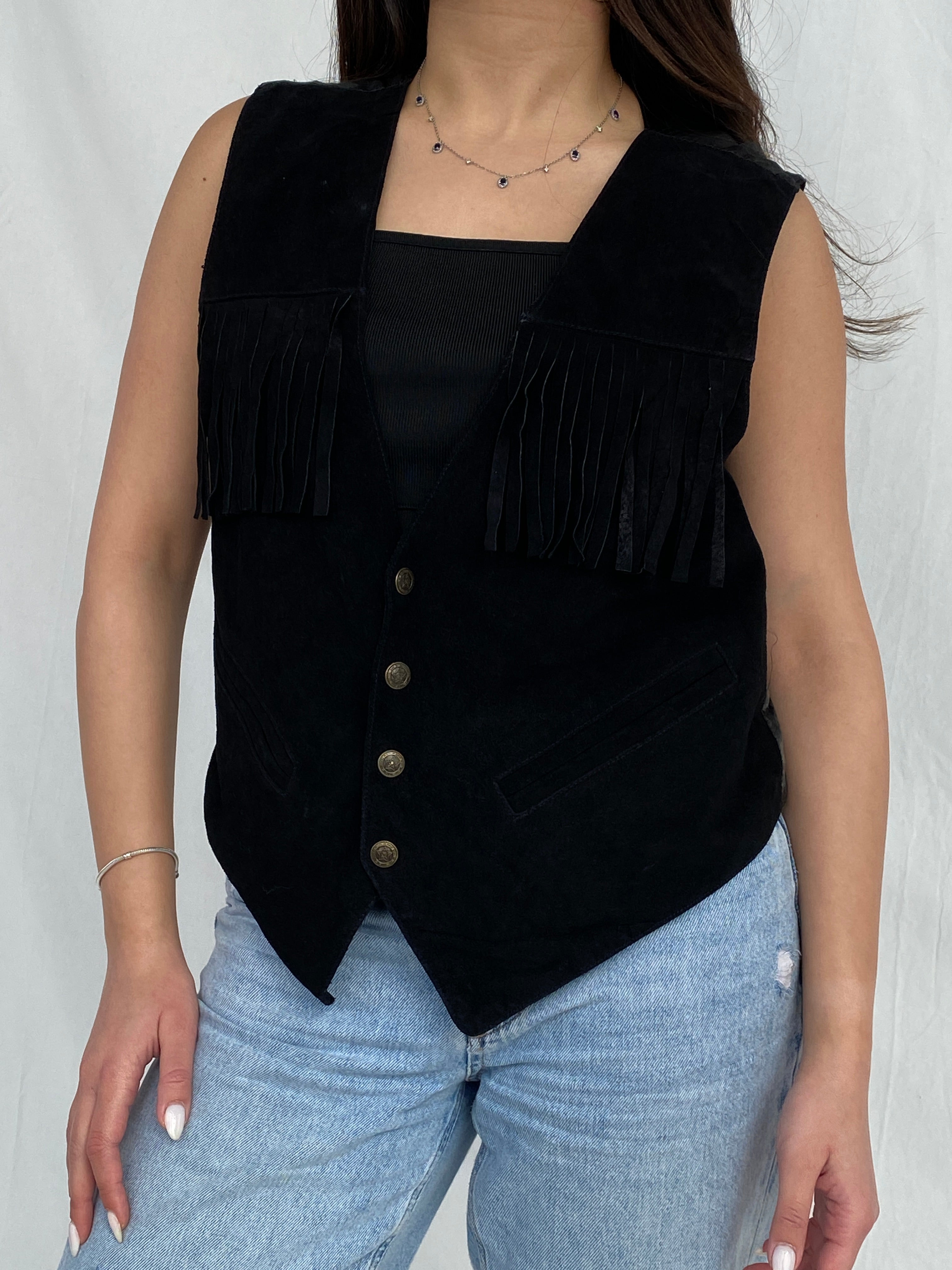 Vintage Copy Richt Concept Cowgirl Black Suede Fringed Women’s Boho Western Vest - M