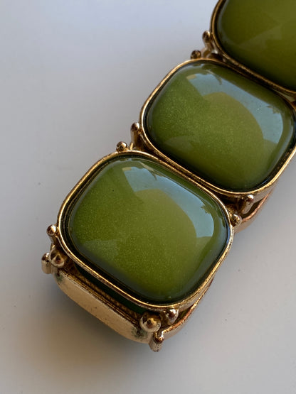 Vintage Y2K Olive Green Lucite Cabochon Gold-Tone Stretch Statement Bracelet