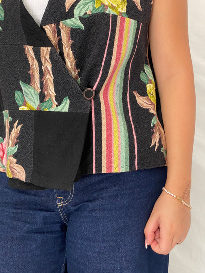 Vintage Black Patchwork Floral Vest Asymmetric Button Boho Waistcoat – L