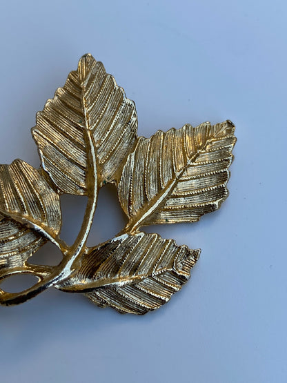 Vintage DFA Gold Tone Textured Leaf Brooch Botanical Statement Pin