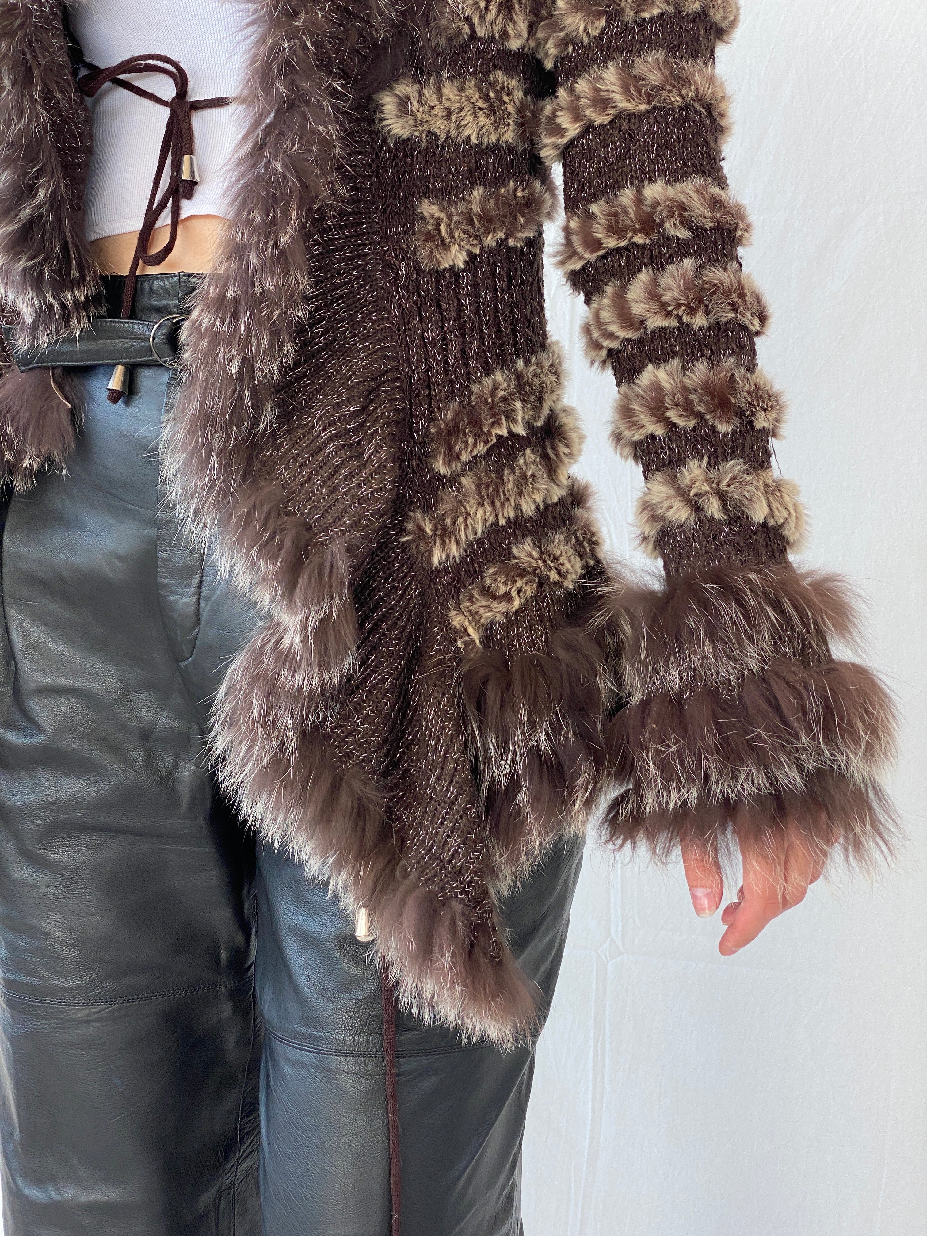 Vintage Knit Rabbit & Fox Fur Brown Cardigan Jacket - S