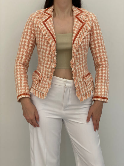 Vintage Y2K Laforet Collection Peach & Cream Houndstooth Fringe Tweed Blazer - XS
