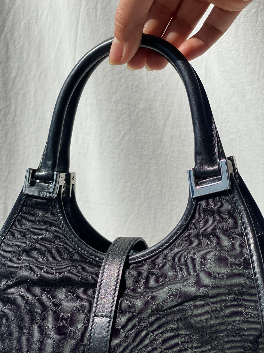 Vintage 00s Gucci Jackie Bardot Black Leather Monogram GG Canvas Mini Handbag