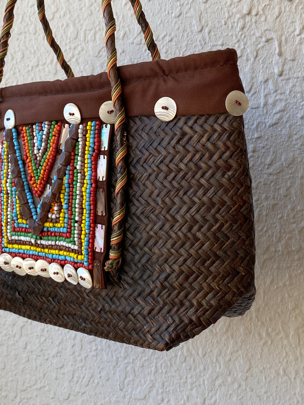 Vintage Handwoven Straw Beach Bag with Beaded Tribal Detail & Shell Accents