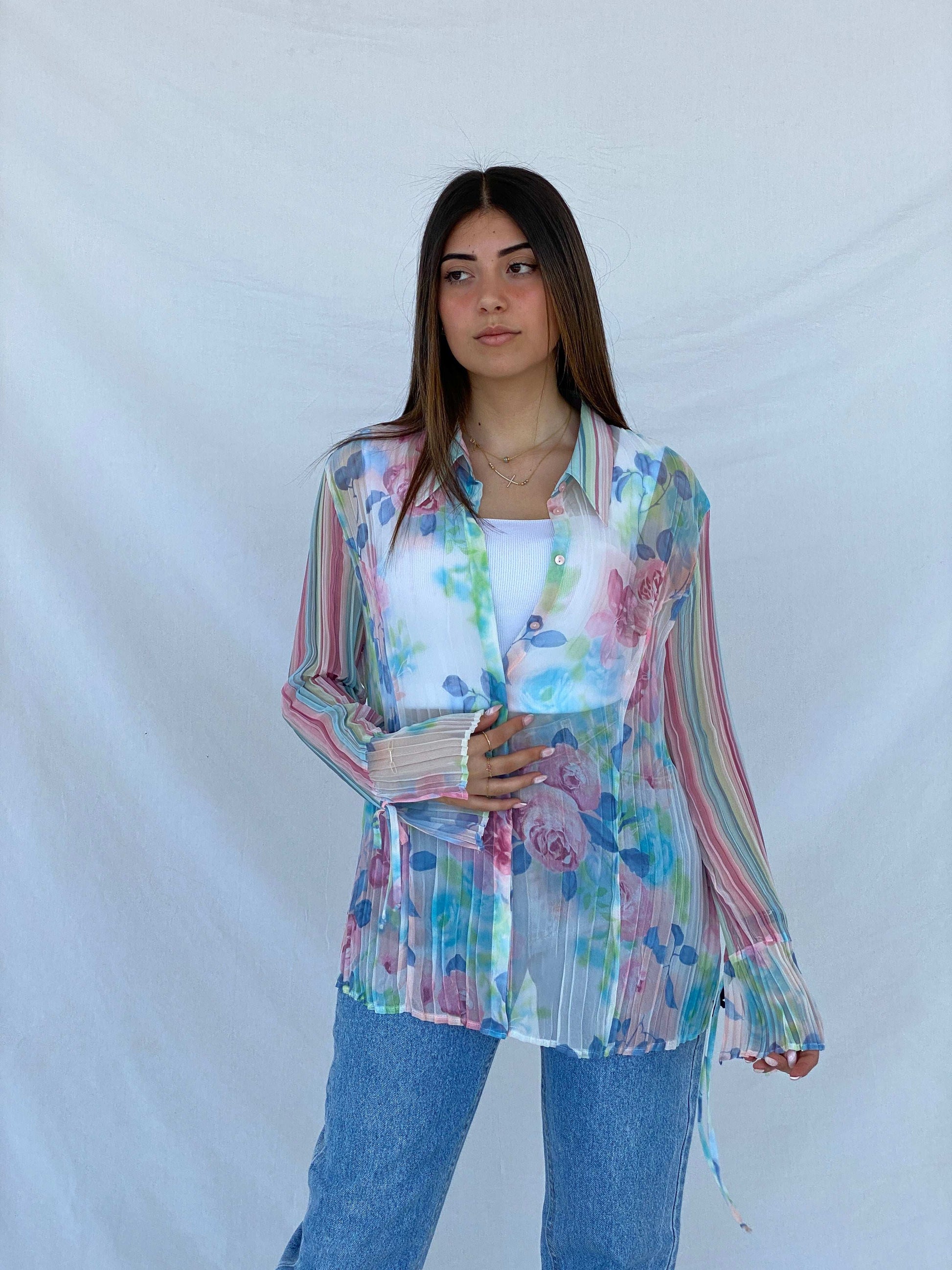 Vintage 90s SE STENAU Sheer Floral Shirt - Size XL - Balagan Vintage Full Sleeve Shirt 90s, floral, floral mesh, floral print, floral shirt, Juana, NEW IN