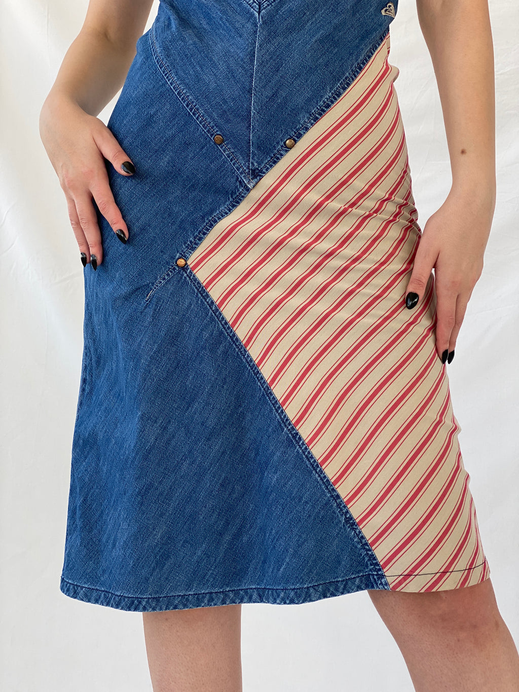 Vintage 90s Roxy Life Quicksilver Denim Striped Red Patch Midi Dress - S