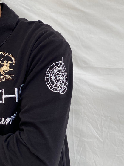 Vintage La Martina Porsche Team Rugby Polo Black Embroidered Long Sleeve Racing Shirt - L