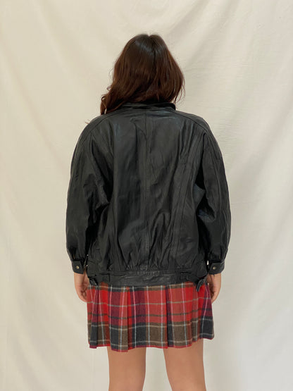 Vintage Black Genuine Leather Bomber Jacket - 90s Oversized Clip Front Moto Style - S