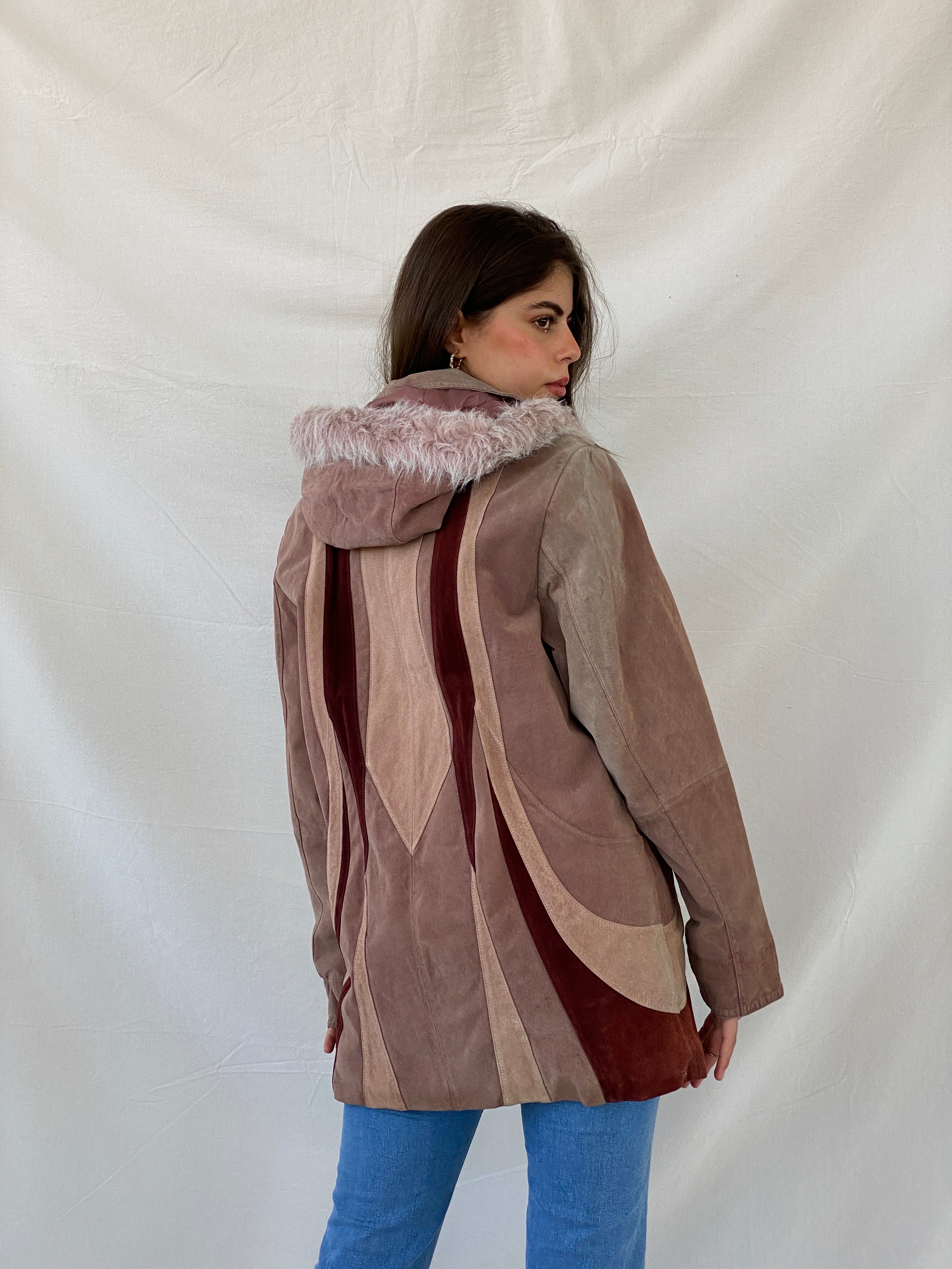 معطف من جلد الغزال الوردي الأصلي من التسعينيات بسحاب ثقيل ومرقع - مقاس كبير