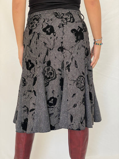 Vintage J&S Gray Flocked Floral Black A-Line Midi Skirt – M