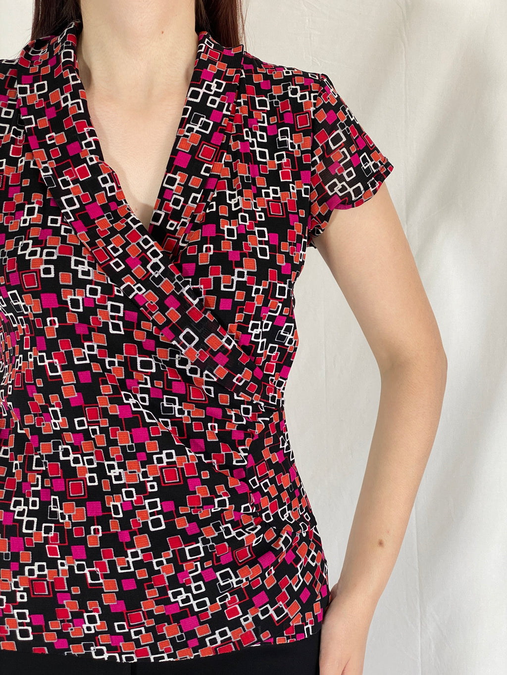 Y2K Marco Polo Ruched Wrap Waist Top Geometric Print Short Sleeve Blouse - M