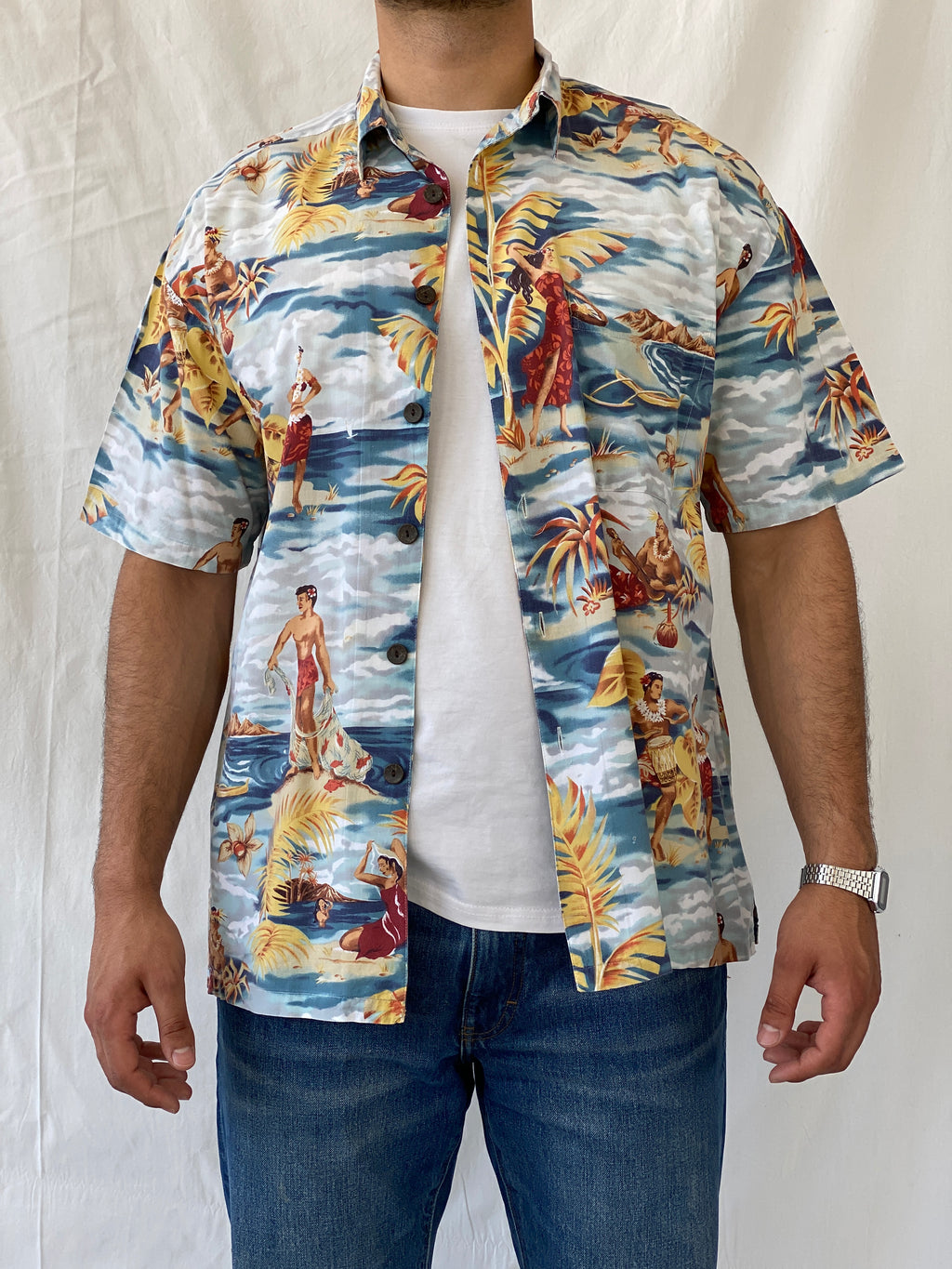 Vintage Robert Stock Hula Dancers Printed Short Sleeve Hawaiian Button Up Men’s Shirt - L