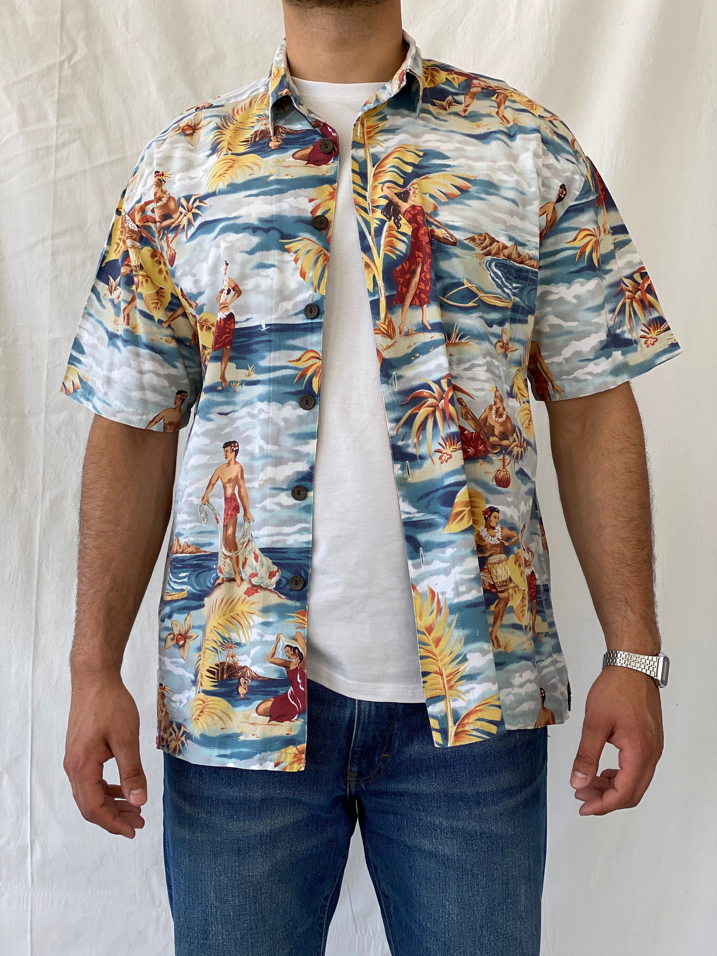 Vintage Robert Stock Hula Dancers Printed Short Sleeve Hawaiian Button Up Men’s Shirt - L