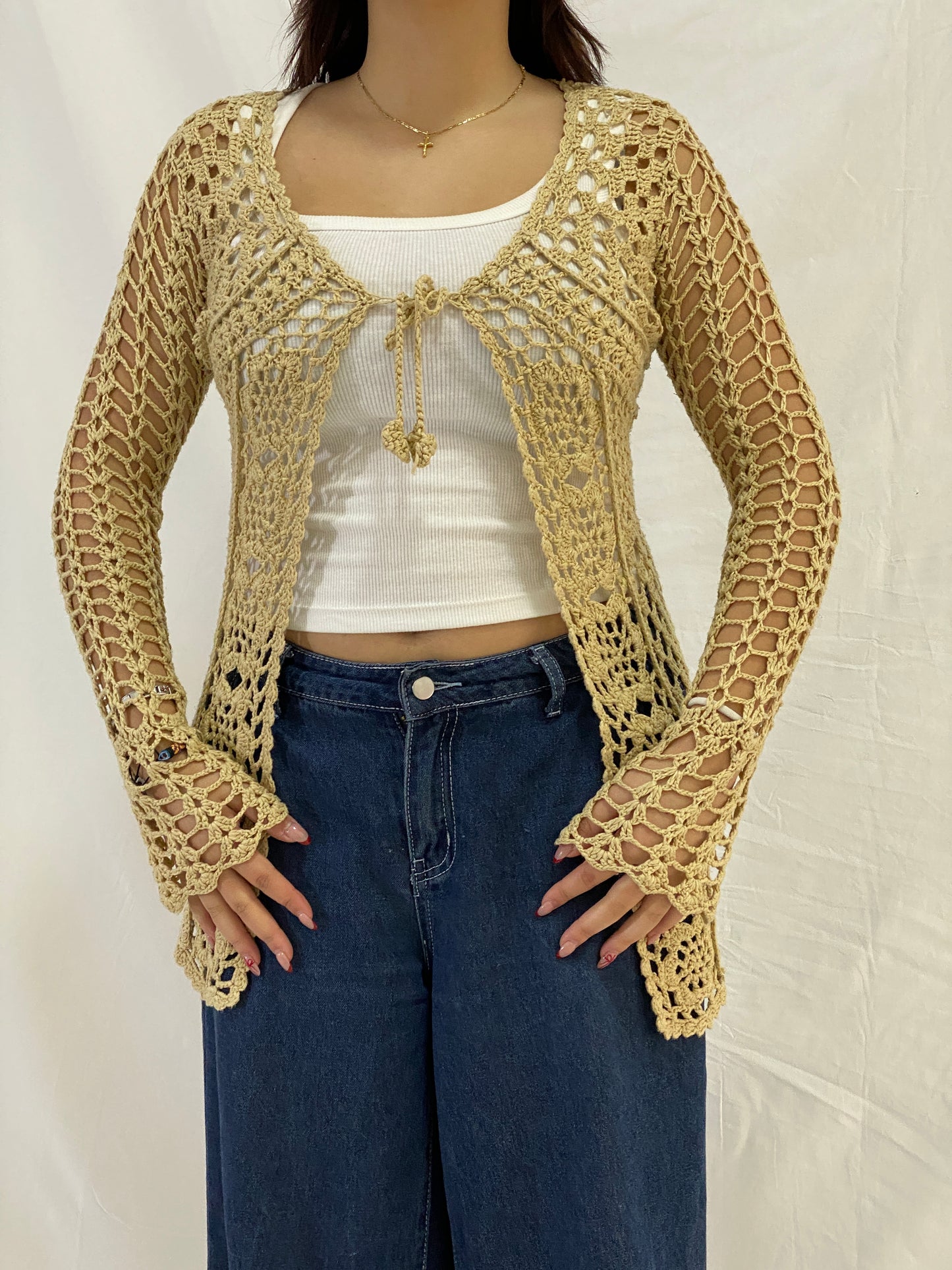 Vintage Beige Crochet Tie-Front Long Sleeve Open-Knit Cardigan – M