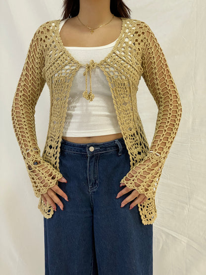 Vintage Beige Crochet Tie-Front Long Sleeve Open-Knit Cardigan – M