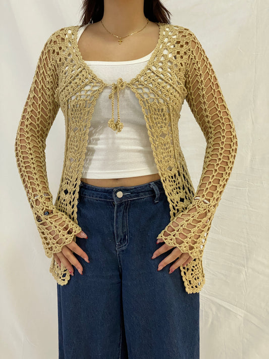 Vintage Beige Crochet Tie-Front Long Sleeve Open-Knit Cardigan – M