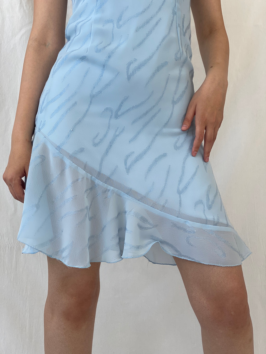 Y2K Handmade Sky Blue Glittery Ruffle Hem Mini Dress - M
