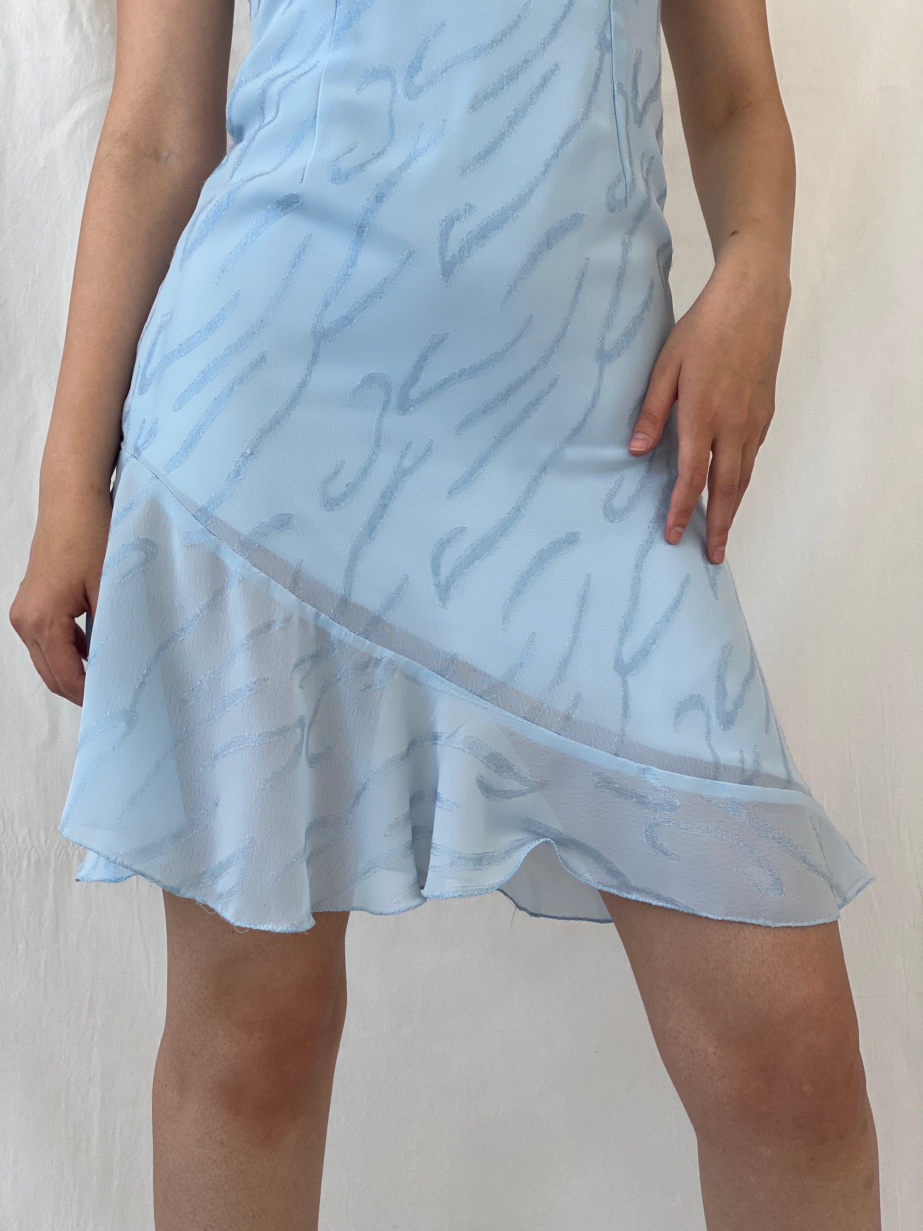 Y2K Handmade Sky Blue Glittery Ruffle Hem Mini Dress - M