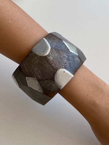 Vintage 1980s–90s Brown Wood & Silver-Tone Geometric Statement Bangle