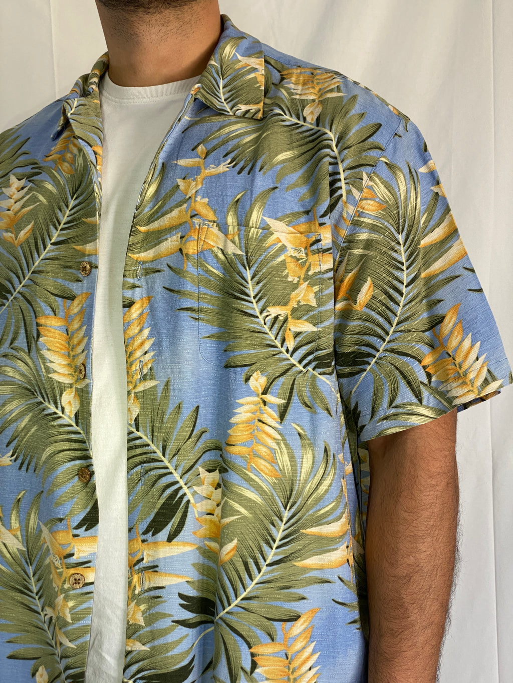 Caribbean Hawaiian Blue Tropical Palm Leaf Men’s Silk Shirt - XL