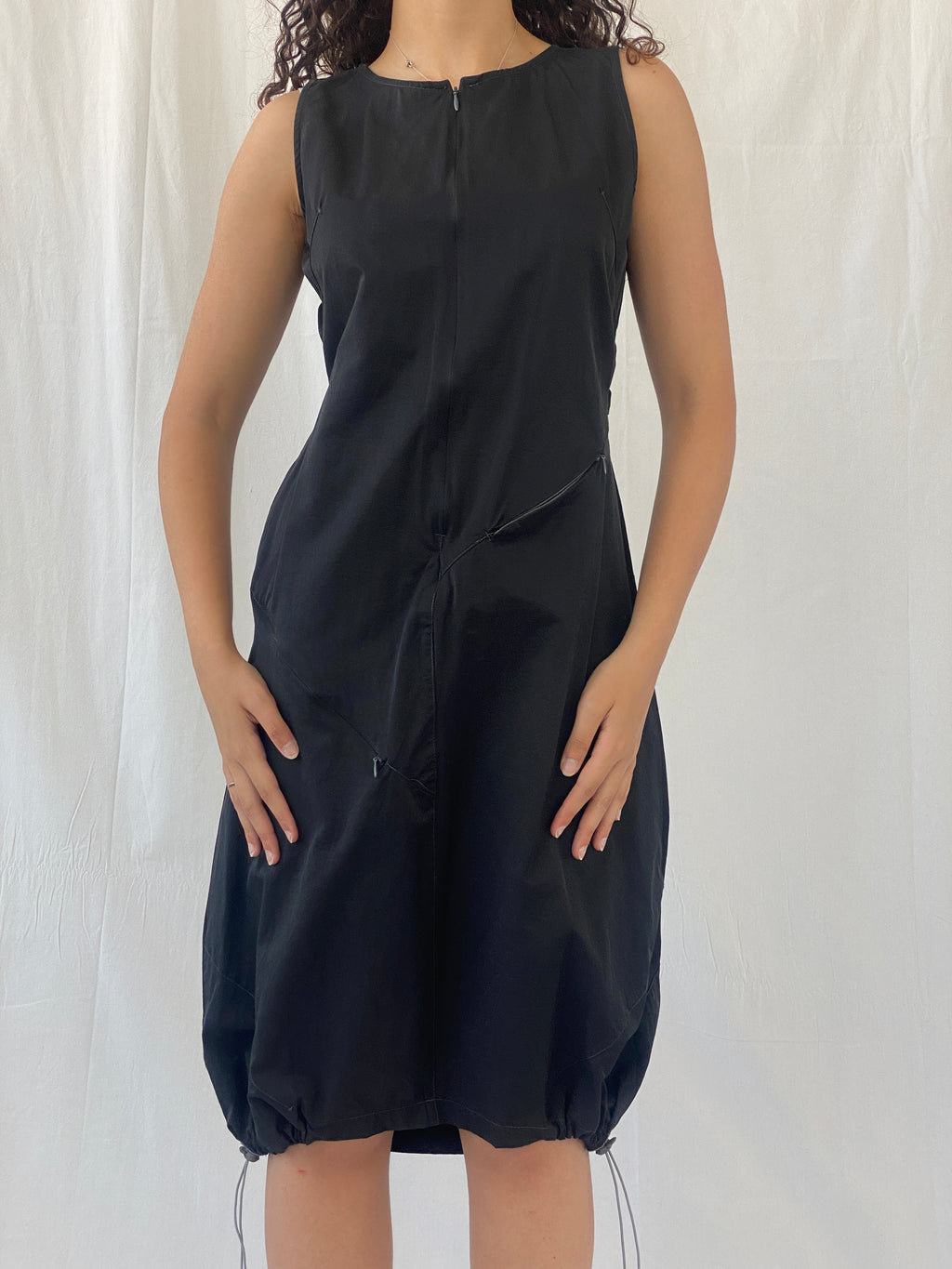 Vintage Y2K Futuristic Tunic Tafetta Whimsygoth Black Drawstring Midi Dress - L