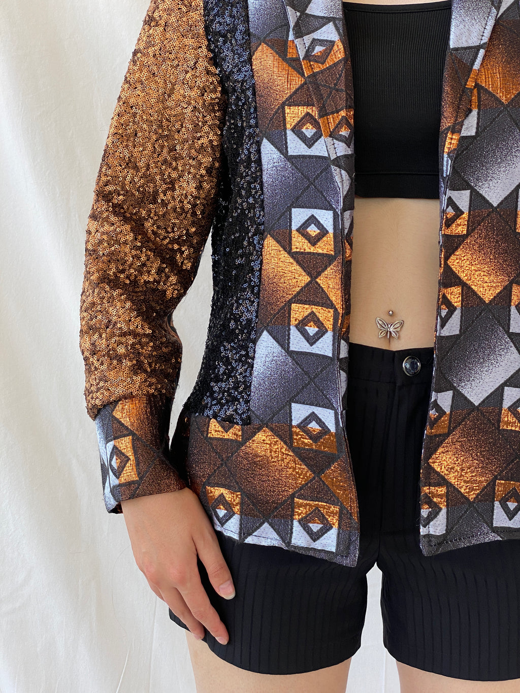 Vintage Geometric Sequin Blazer – Bronze, Black & Silver Statement Jacket - M