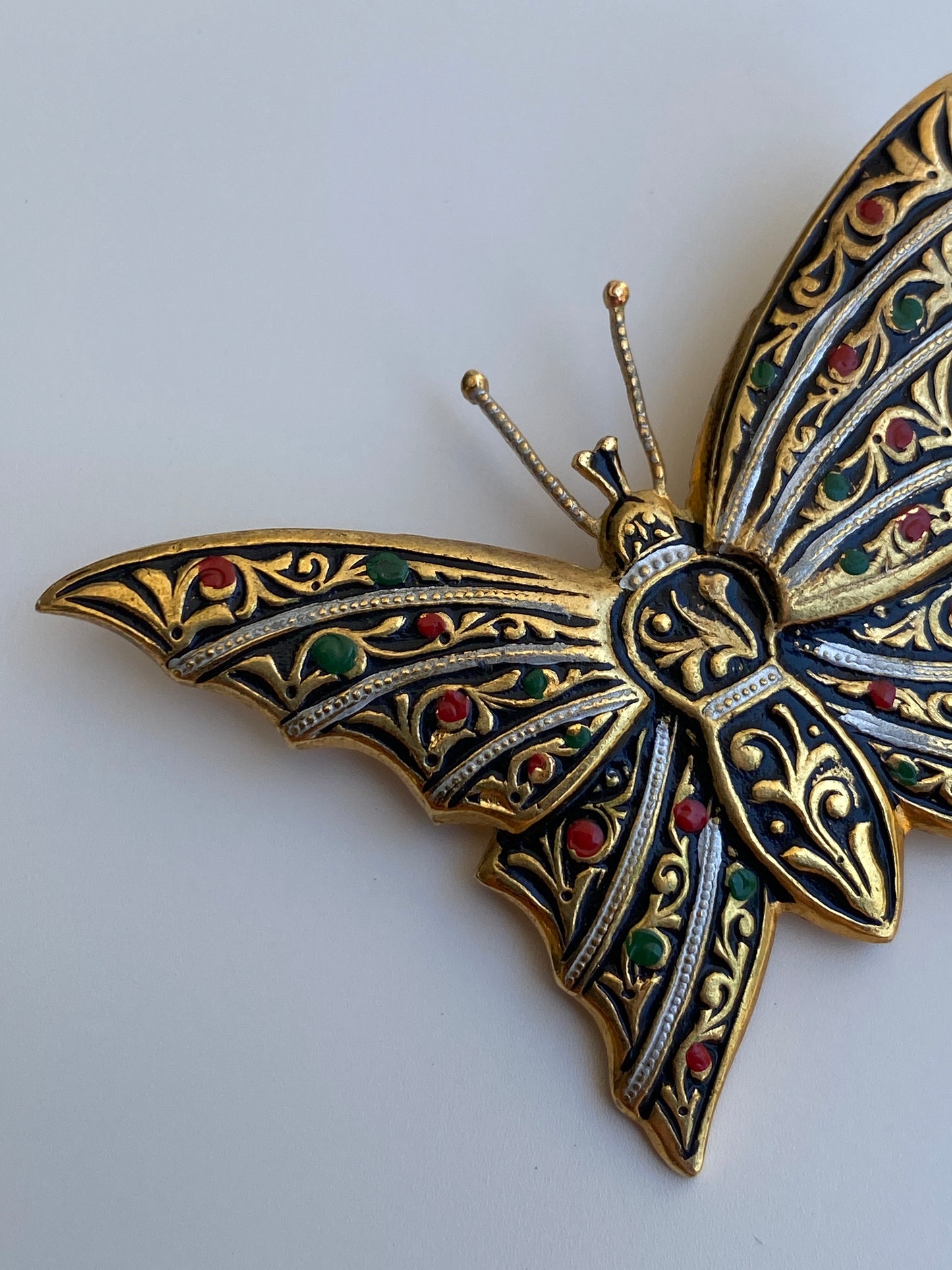 Vintage Spanish Damascene Style Butterfly Brooch Gold & Black Enamel Floral Pin
