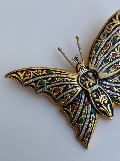 Vintage Spanish Damascene Style Butterfly Brooch Gold & Black Enamel Floral Pin