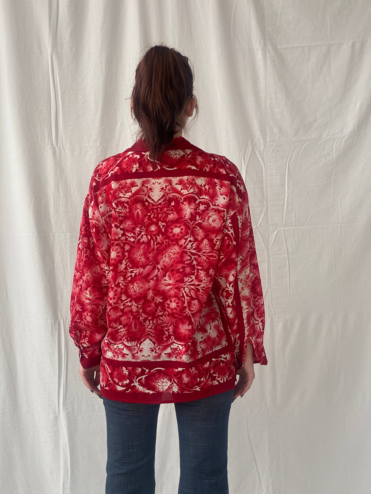 Vintage 90s Le Caviar Red & White Floral Full Sleeve Women’s Shirt - M