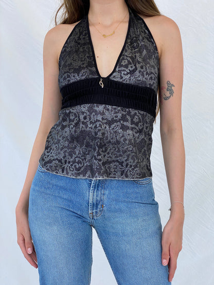 Vintage 90s/00s Baby Phat Black and Silver Floral Halter Top - M