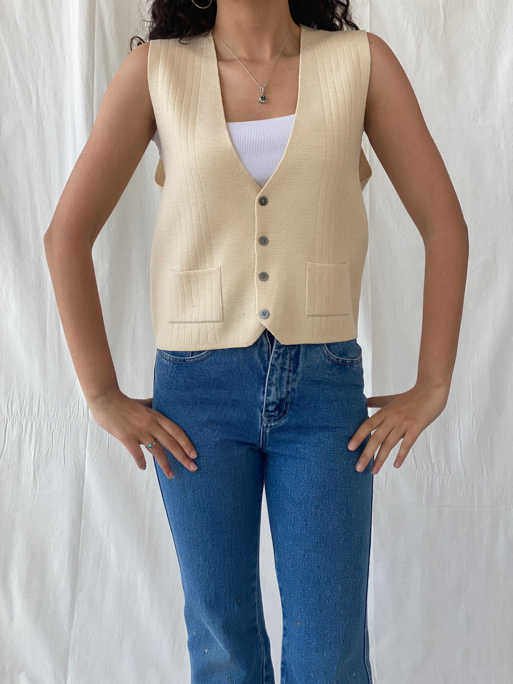 Vintage Charm Square Beige Vest Cotton Blend Waistcoat - L