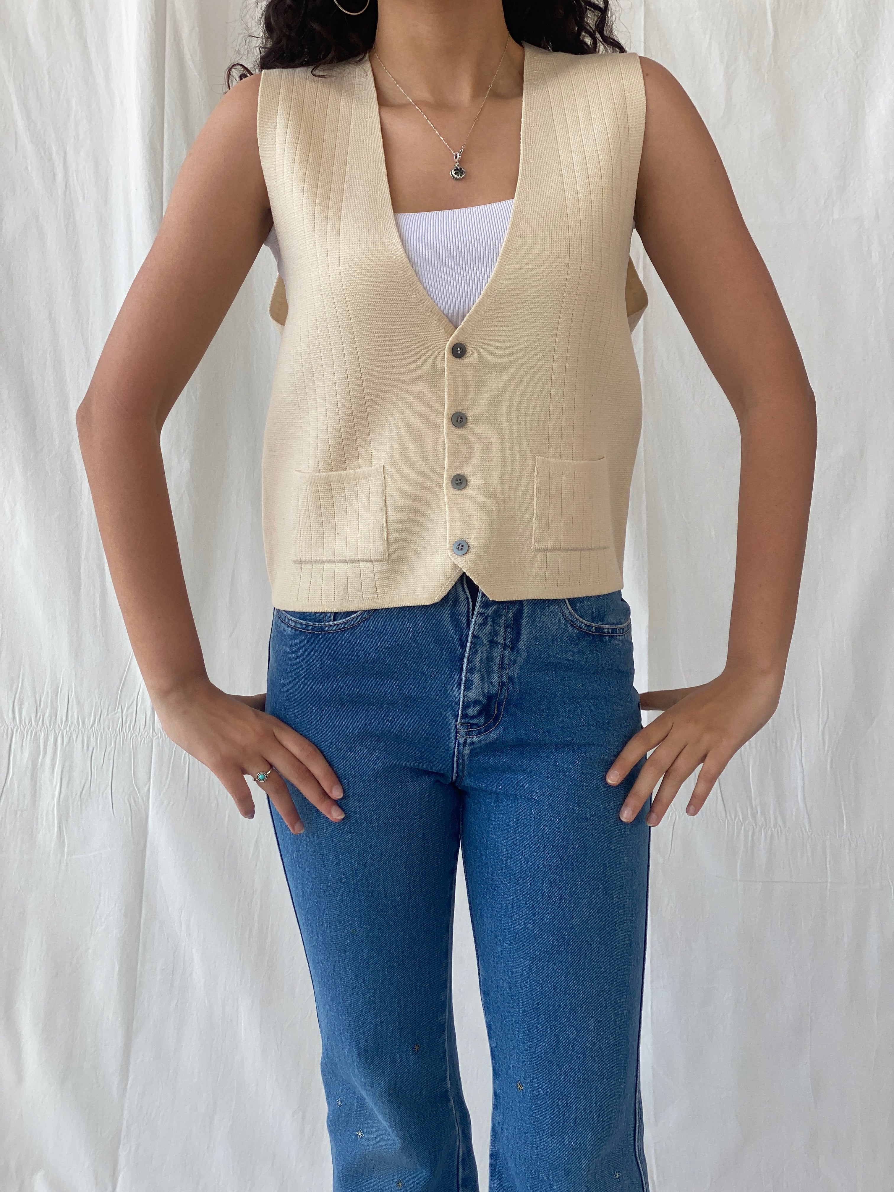 Vintage Charm Square Beige Vest Cotton Blend Waistcoat - L